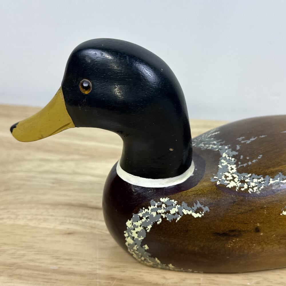 Wood Carved Mallard Duck Decoy Hand-painted Smooth Glossy Unmarked 10” - Picture 6 of 8